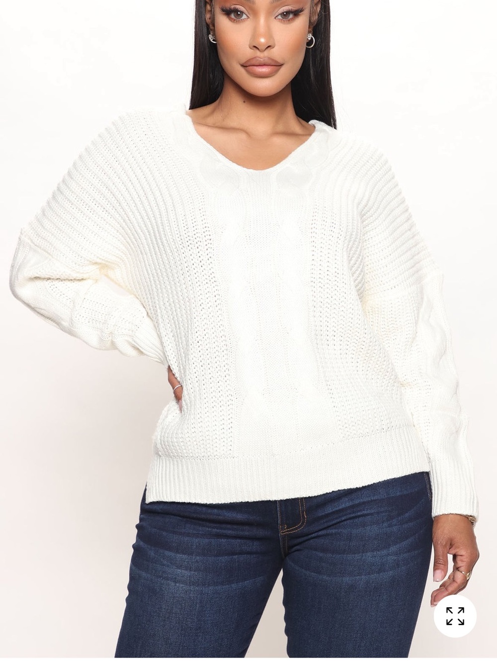 Fashion Nova Cream V-Neck Cable Knit Sweater